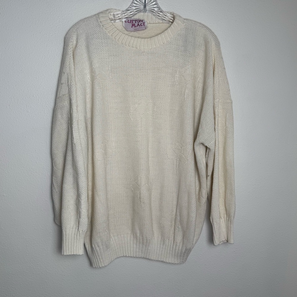 Clifton Place Vintage Texture design Knit‎  Sweater librarian Acrylic white top